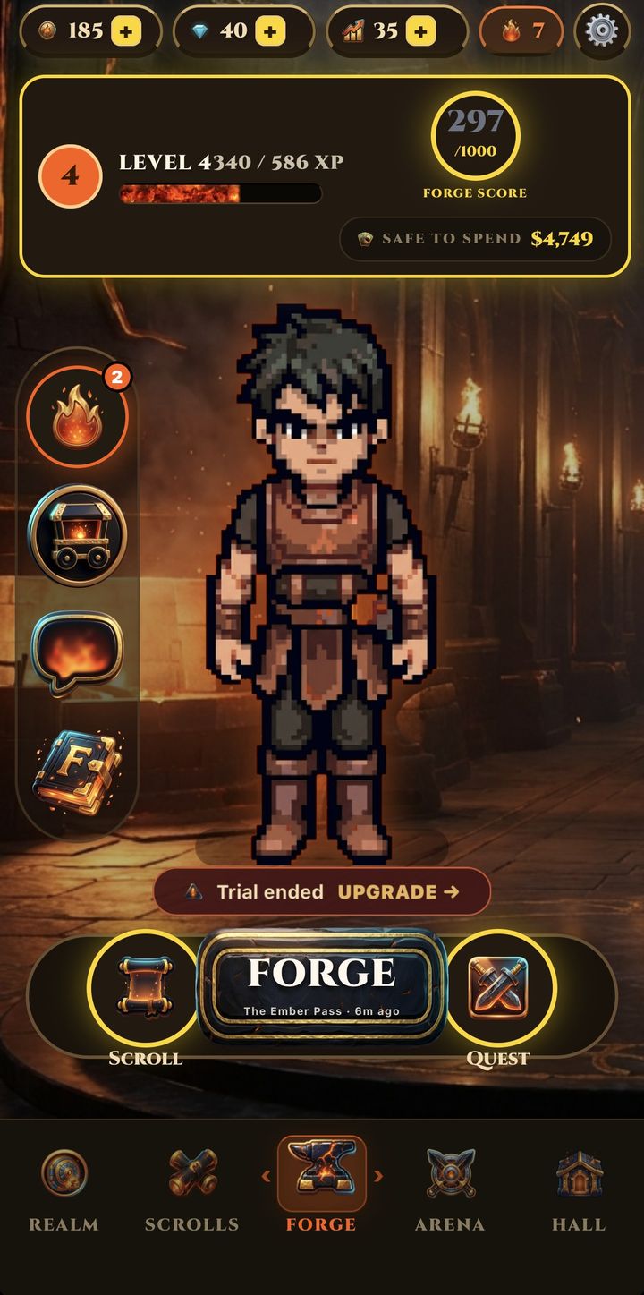 The Forge home screen: a character in a forge, a Forge Score of 297 out of 1000, and the day's quest.