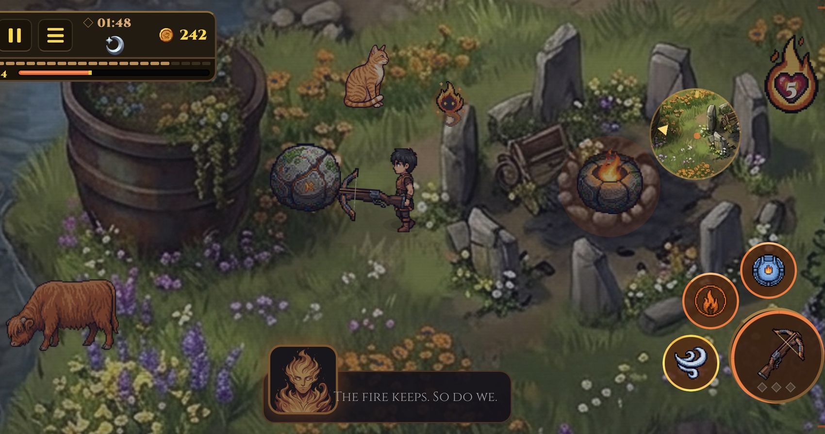 The same kingdom in landscape: a painted meadow with standing stones, a campfire and a highland cow.