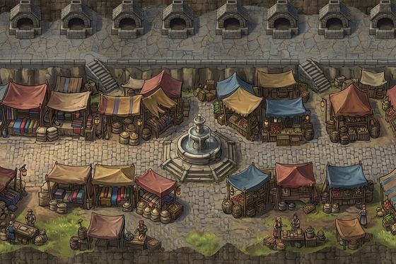 A market square of striped awnings around a stone fountain.