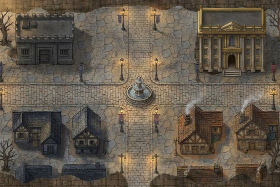A stone town square at dusk with a fountain and a pillared hall.