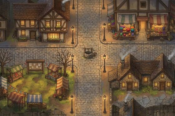 A lamplit town street with market stalls and warm windows.