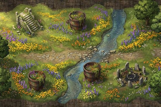 A painted meadow of wildflowers with a stream running through it.