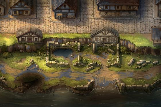 A riverside town with timber houses and a ruined wall along the water.