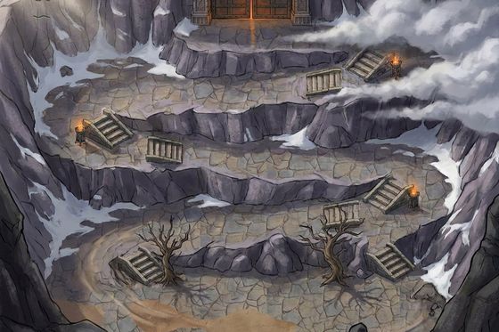 Snowy switchbacks cut into a grey mountain, with braziers burning on the ledges.