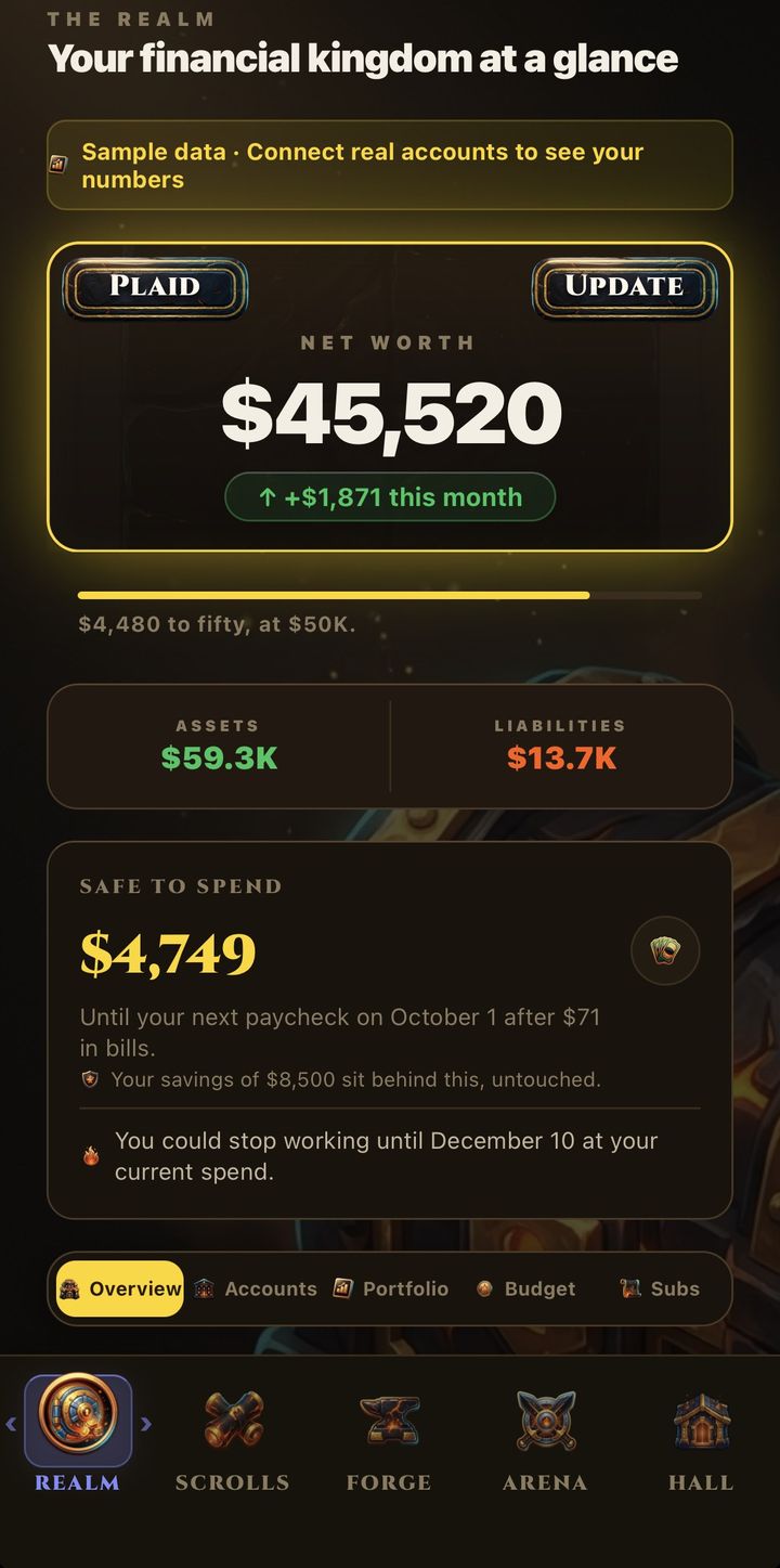 The Realm screen: net worth, assets against liabilities, and how much is safe to spend.